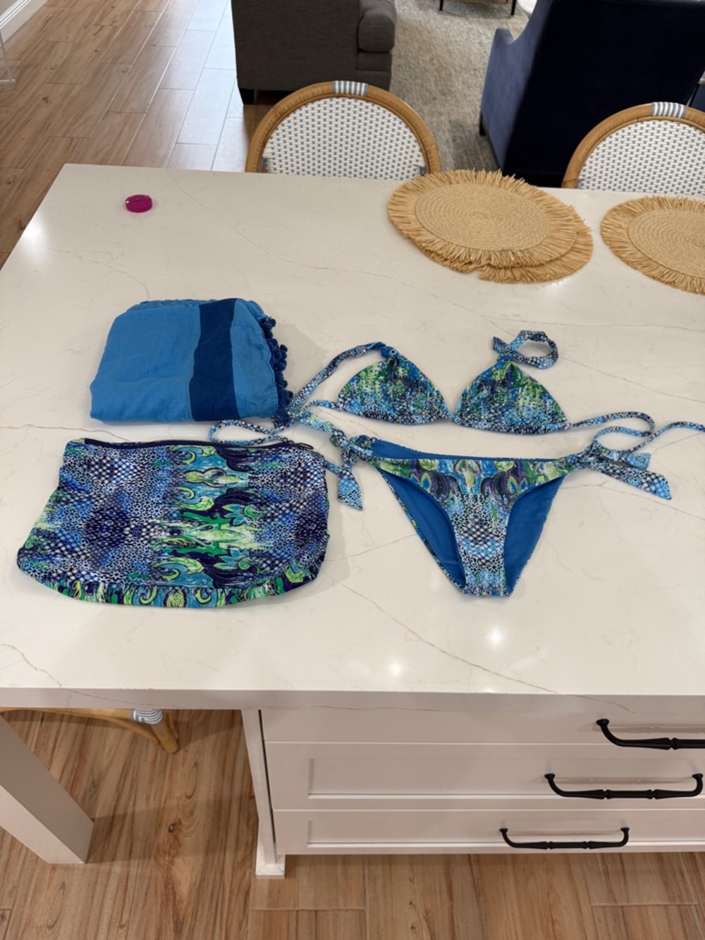Blue & Green Patterned Triangle Bikini Set with Cover-Up, READ DESCRIPTION